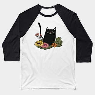 Cute Black Cat in Garden Baseball T-Shirt